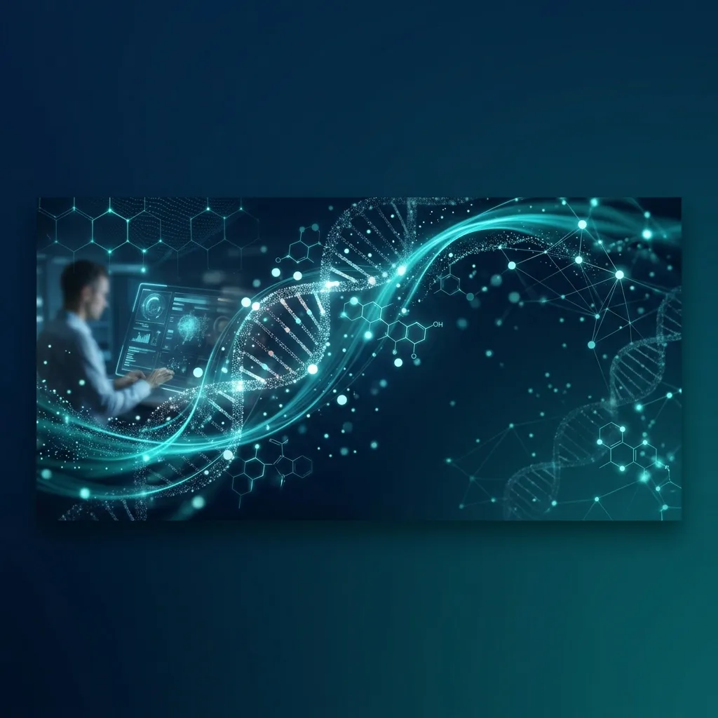 Sleek modern biotechnology and compliance data visual with DNA helix and node streams
