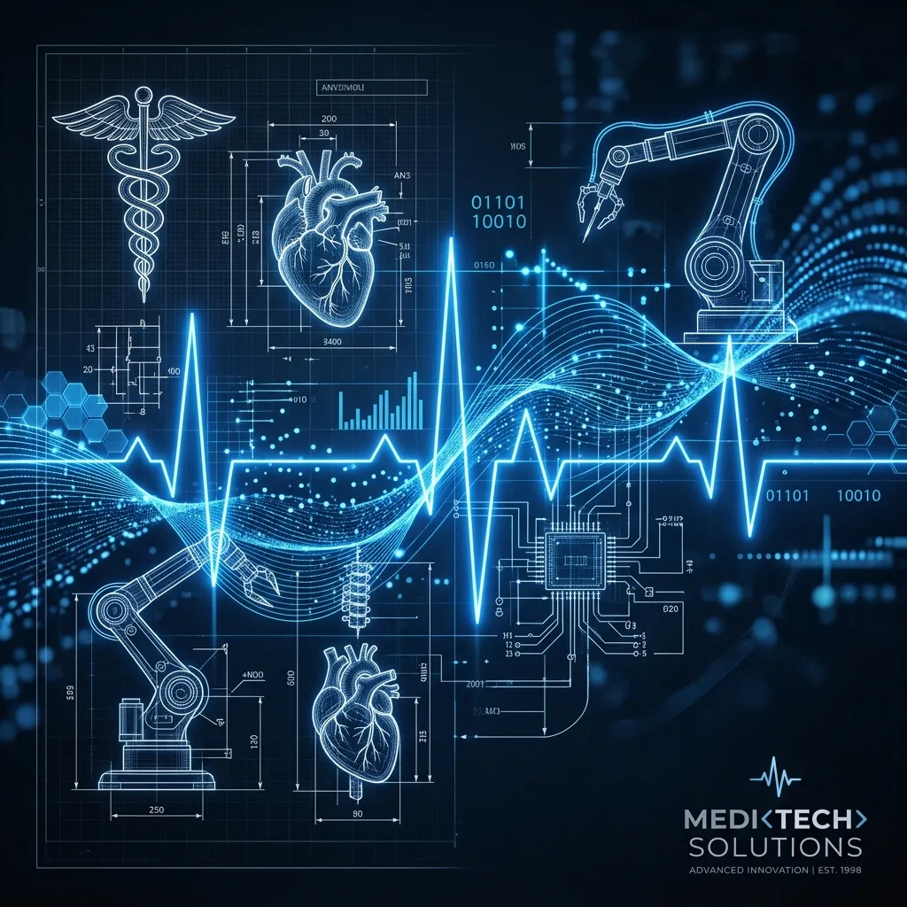 Abstract visualization combining mechanical medical device blueprints with cybernetic network data streams
